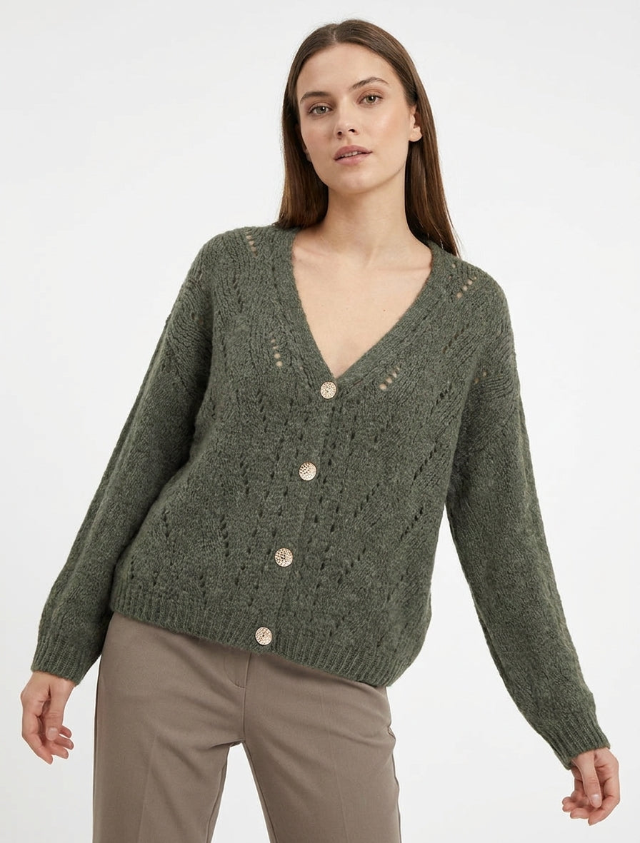 Gilet ample en maille ajourée à col V - Kaki