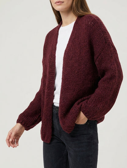 Gilet ouvert en maille épaisse coupe ample - Lie de vin