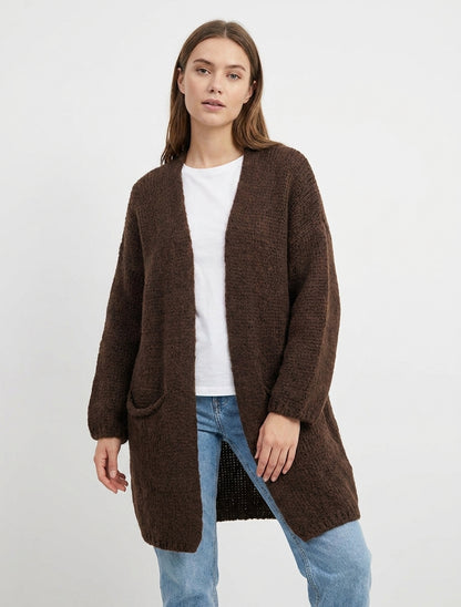 Gilet long ouvert en maille épaisse - Marron