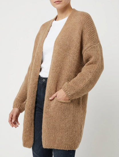 Gilet long ouvert en maille épaisse - Camel