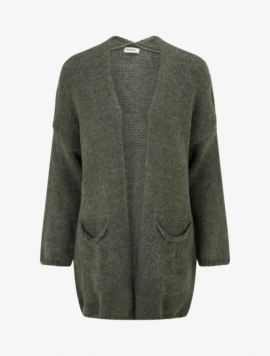 Gilet long ouvert en maille épaisse - Kaki - 1