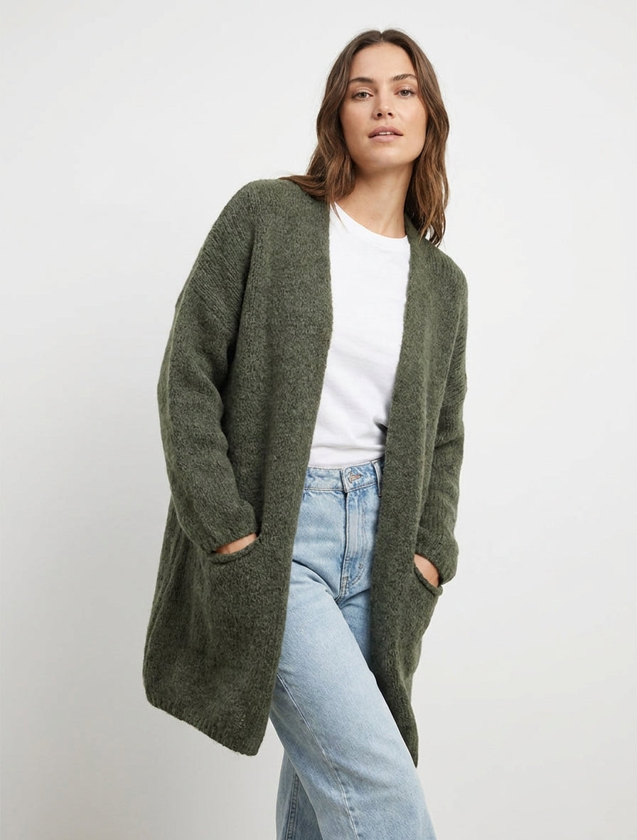 Gilet long ouvert en maille épaisse - Kaki