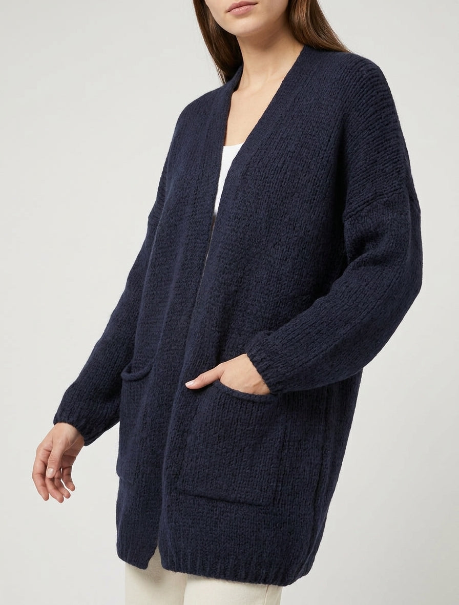 Gilet long ouvert en maille épaisse - Marine