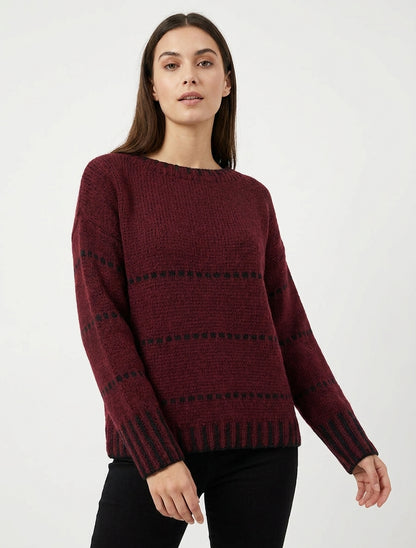 Pull coupe carrée à rayures style pointillé - Lie de vin