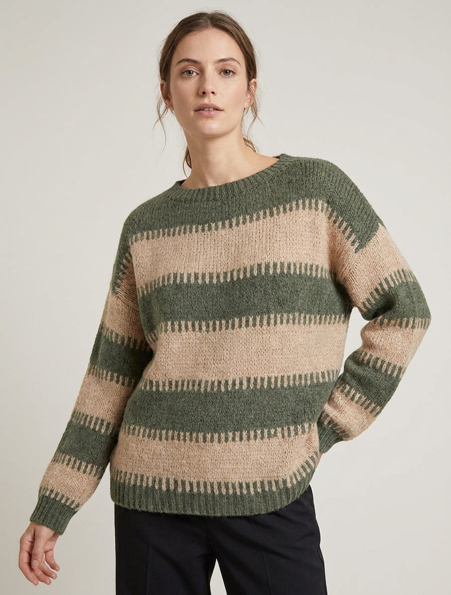 Pull coupe carrée à rayures fantaisies - Kaki