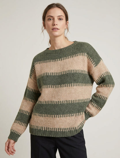 Pull coupe carrée à rayures fantaisies - Kaki