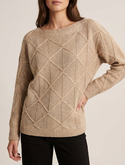 Pull à col bateau en maille effet quadrillé - Beige foncé