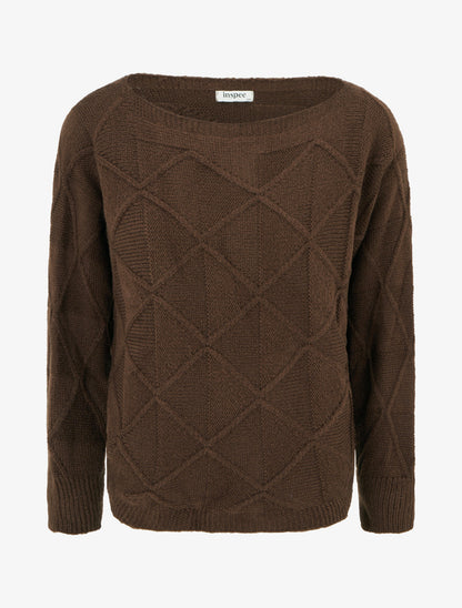 Pull à col bateau en maille effet quadrillé - Marron - 1