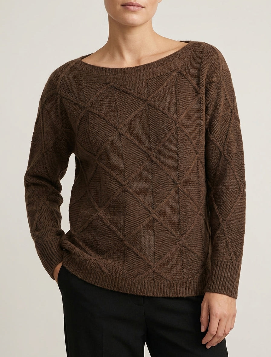 Pull à col bateau en maille effet quadrillé - Marron