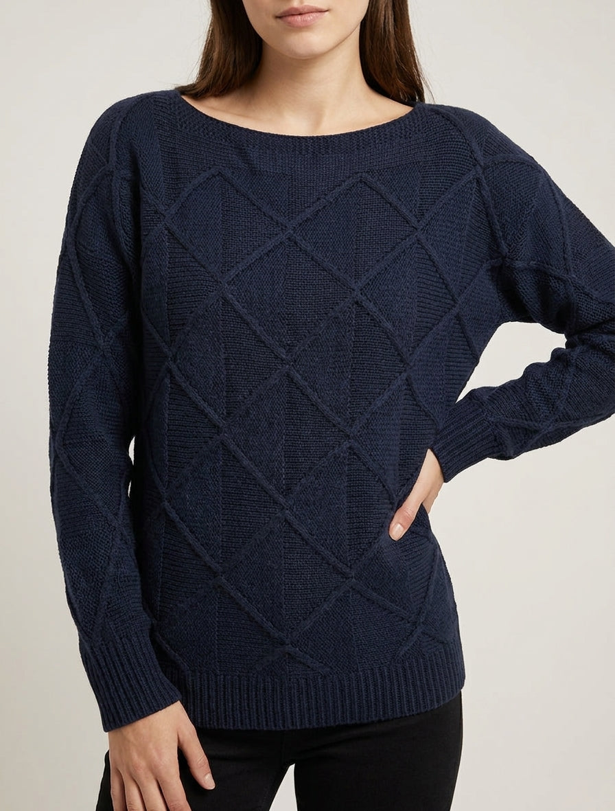 Pull à col bateau en maille effet quadrillé - Marine