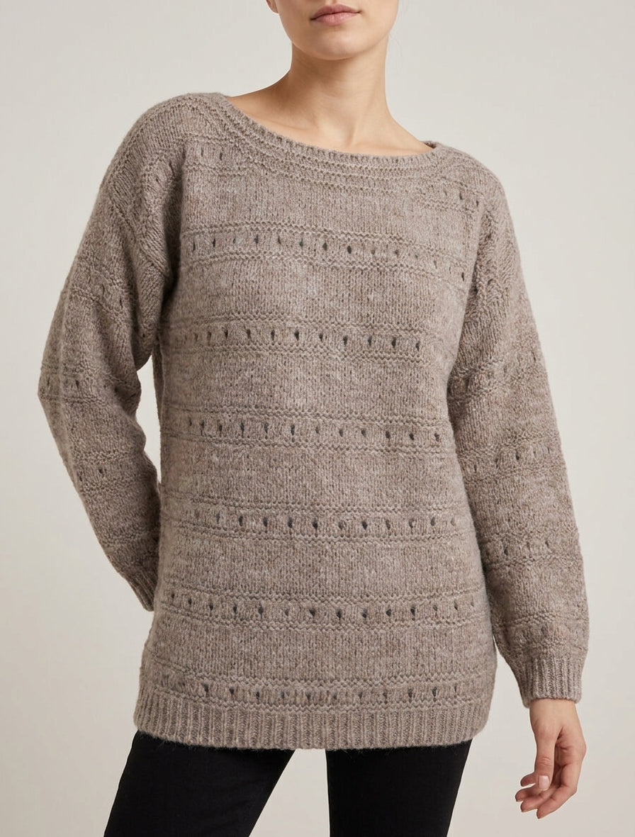 Pull ample à col bateau en maille fantaisie - Taupe