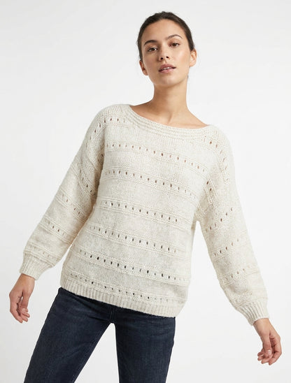 Pull ample à col bateau en maille fantaisie - Écru