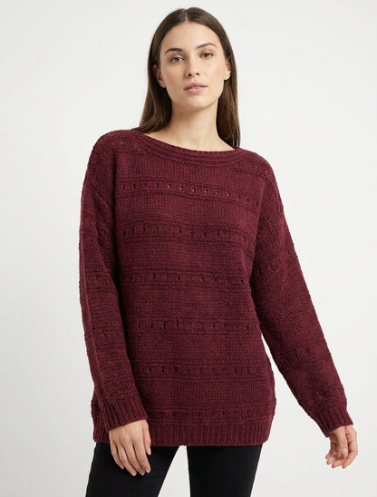 Pull ample à col bateau en maille fantaisie - Lie de vin