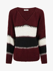 Pull ample à col V et rayures stylisées - Lie de vin - 1