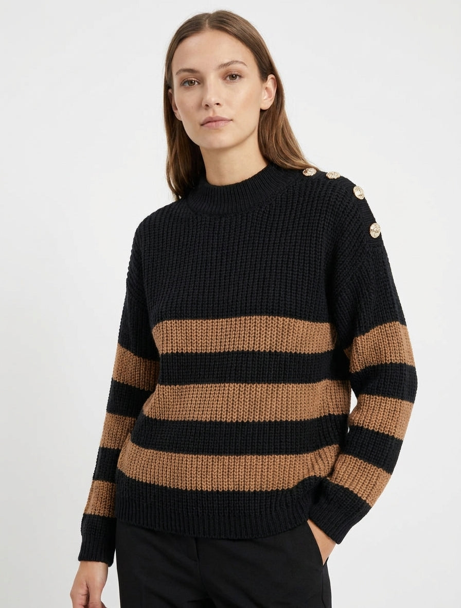 Pull à rayures et boutons décoratifs - Noir