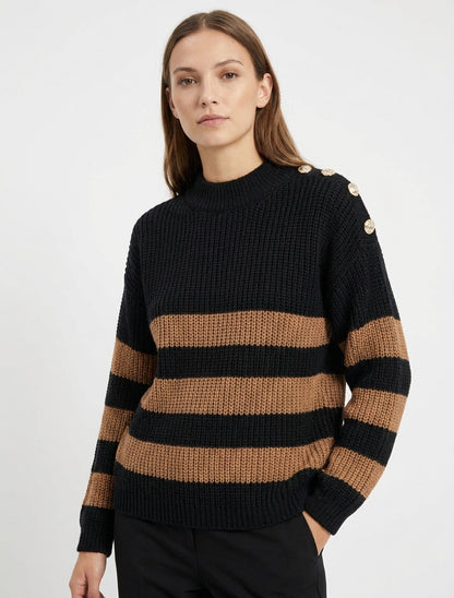 Pull à rayures et boutons décoratifs - Noir