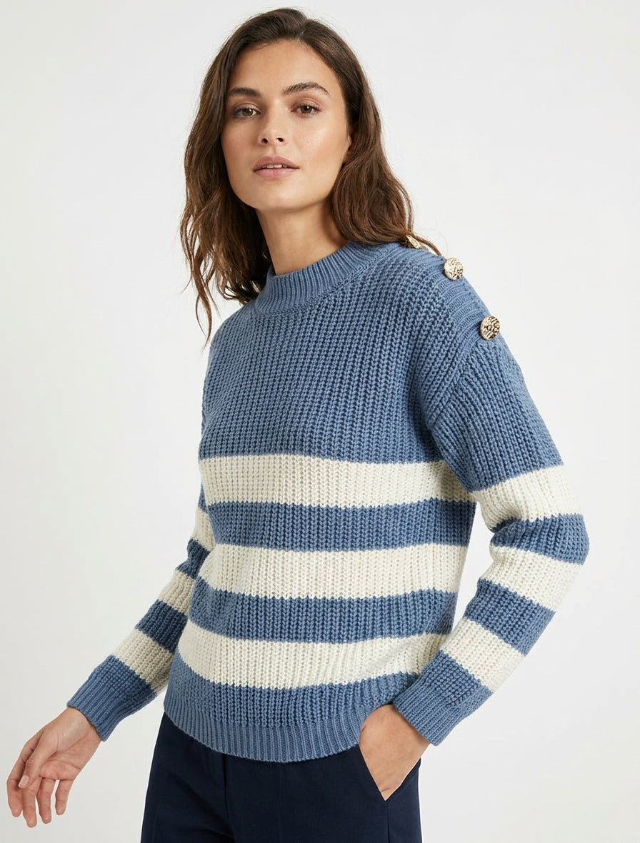Pull à rayures et boutons décoratifs - Bleu charrette