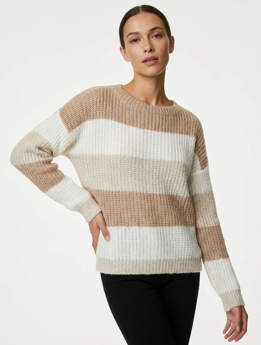 Pull à rayures coupe droite - Beige