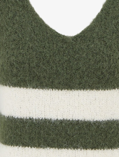 Pull à rayures en laine mélangée à col V - Kaki - 3