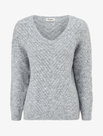 Pull coupe ample en laine mélangée à col V - Gris - 1