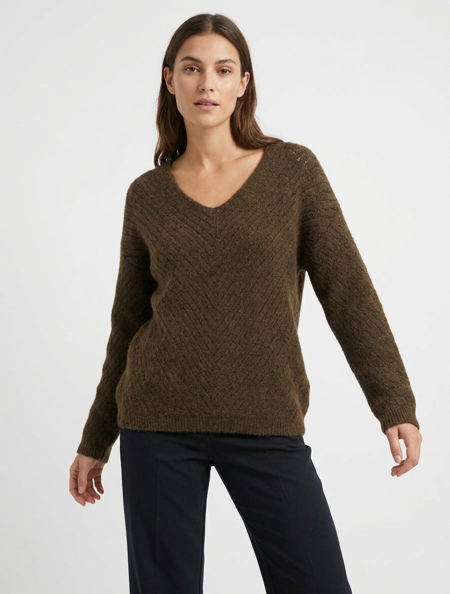 Pull coupe ample en laine mélangée à col V - Marron
