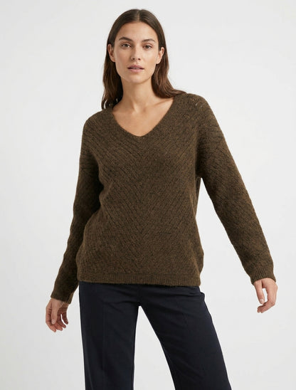 Pull coupe ample en laine mélangée à col V - Marron