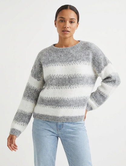 Pull ample en laine mélangée à rayures stylisées - Gris clair