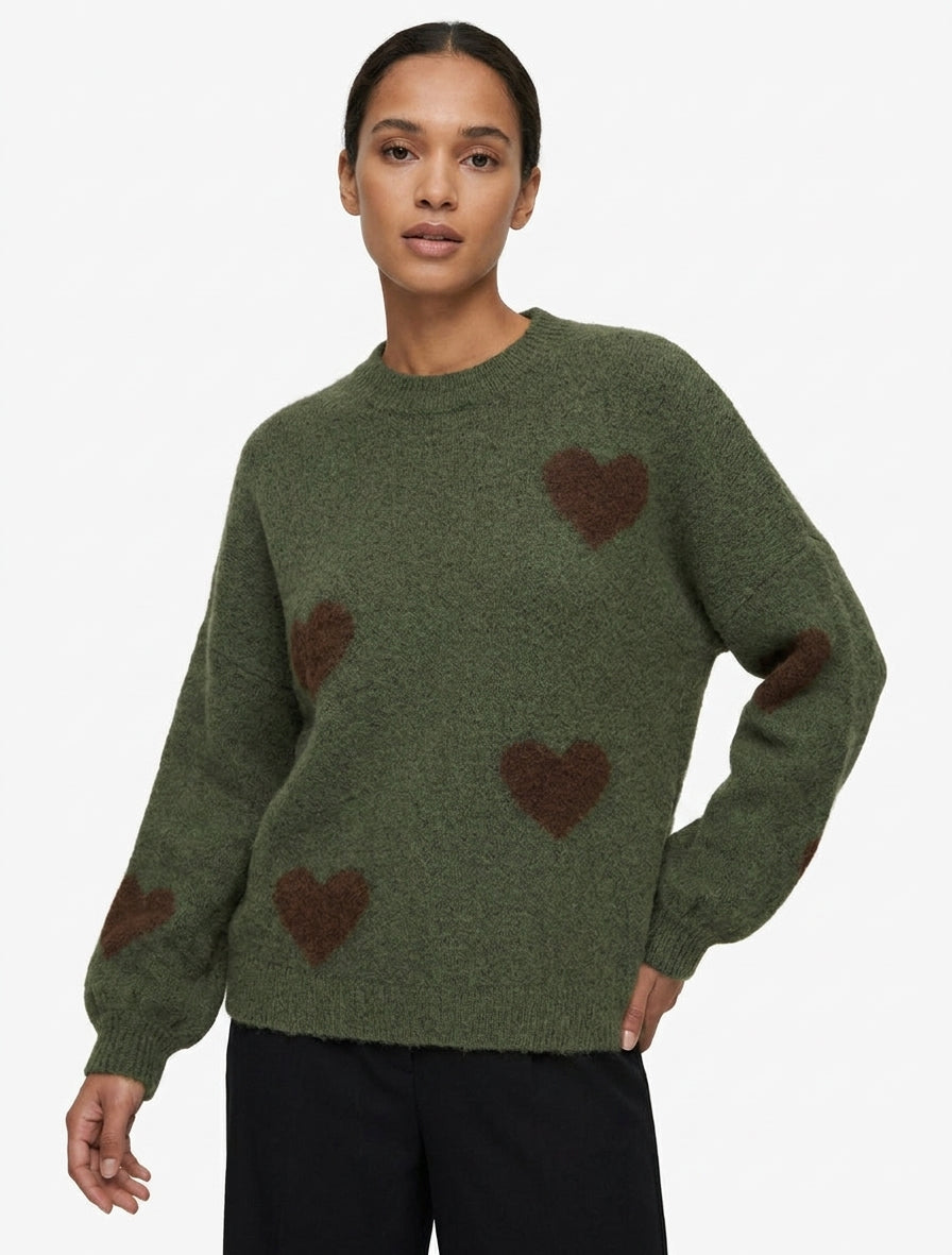 Pull en laine mélangée à motif coeur - Kaki