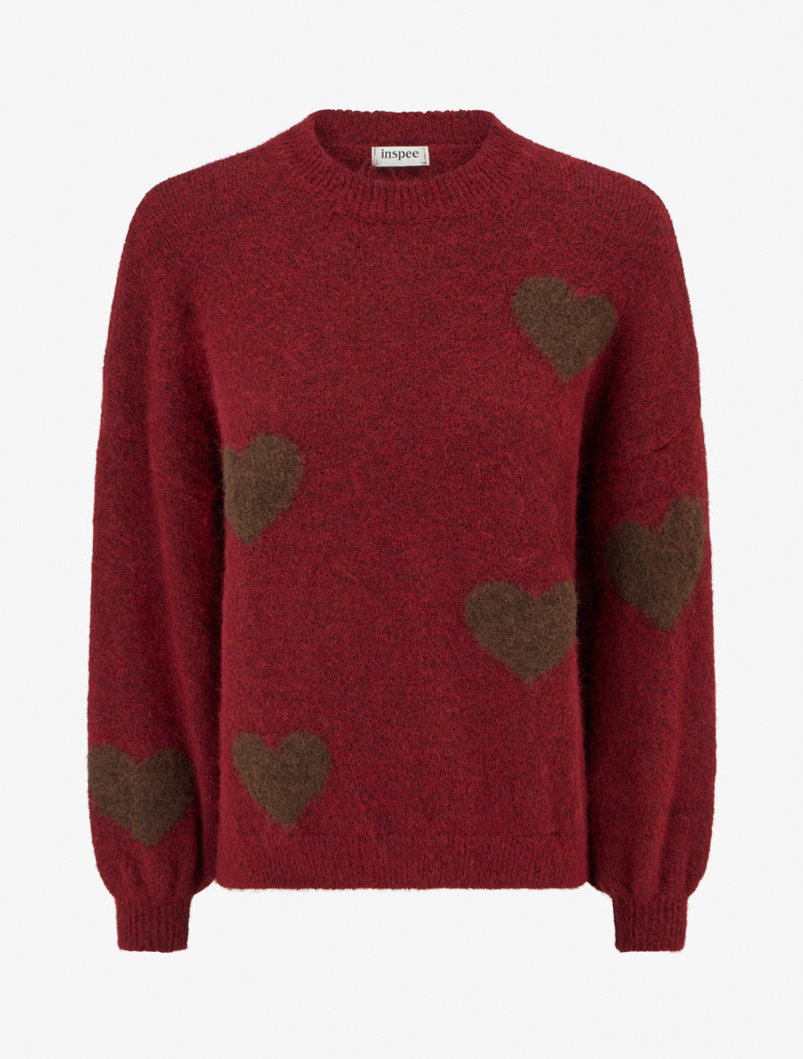 Pull en laine mélangée à motif coeur - Bordeaux - 1