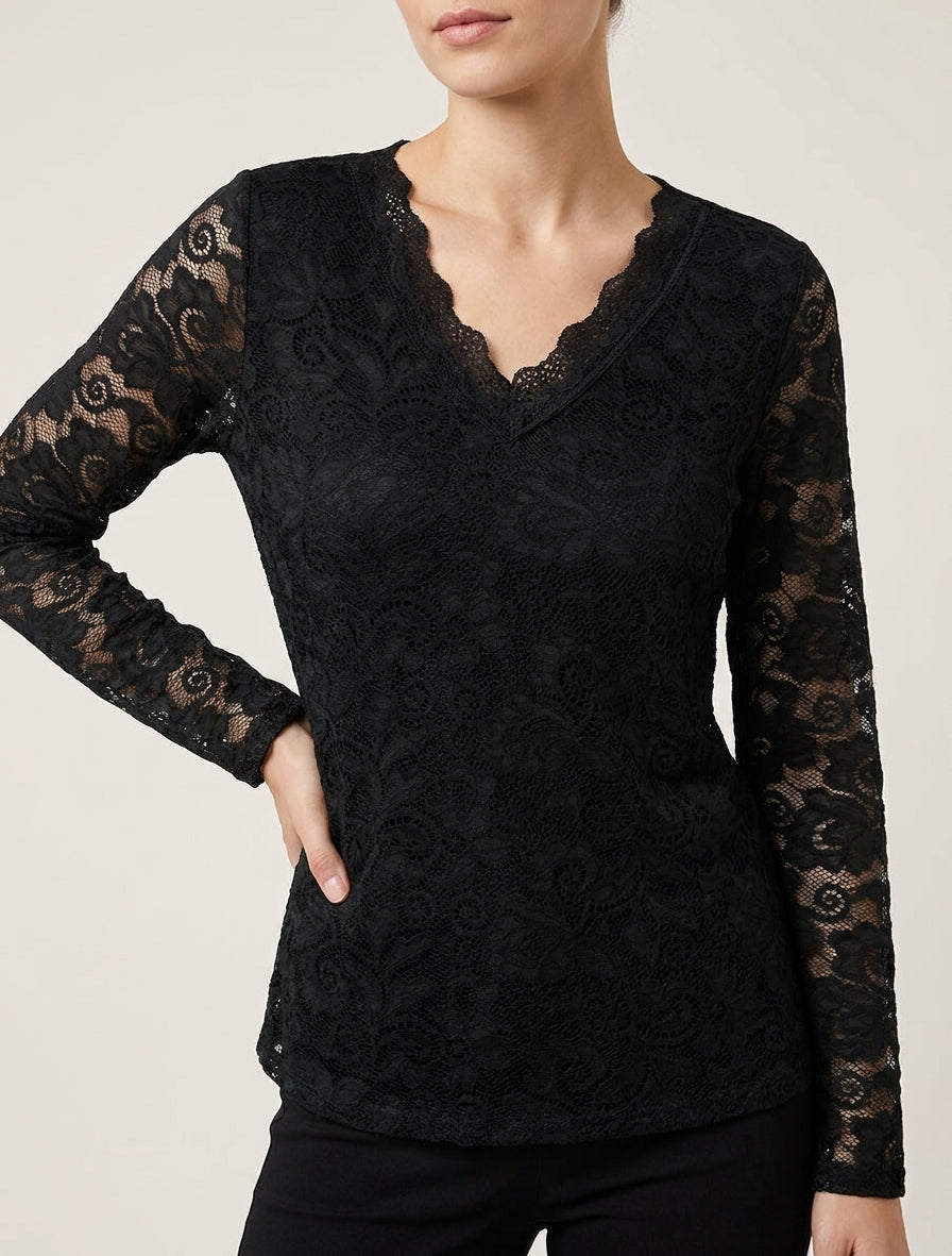 Top en dentelle à col V - Noir