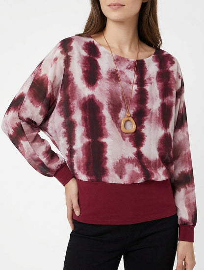 Top imprimé aquarelle à manches longues chauve-souris - Lie de vin