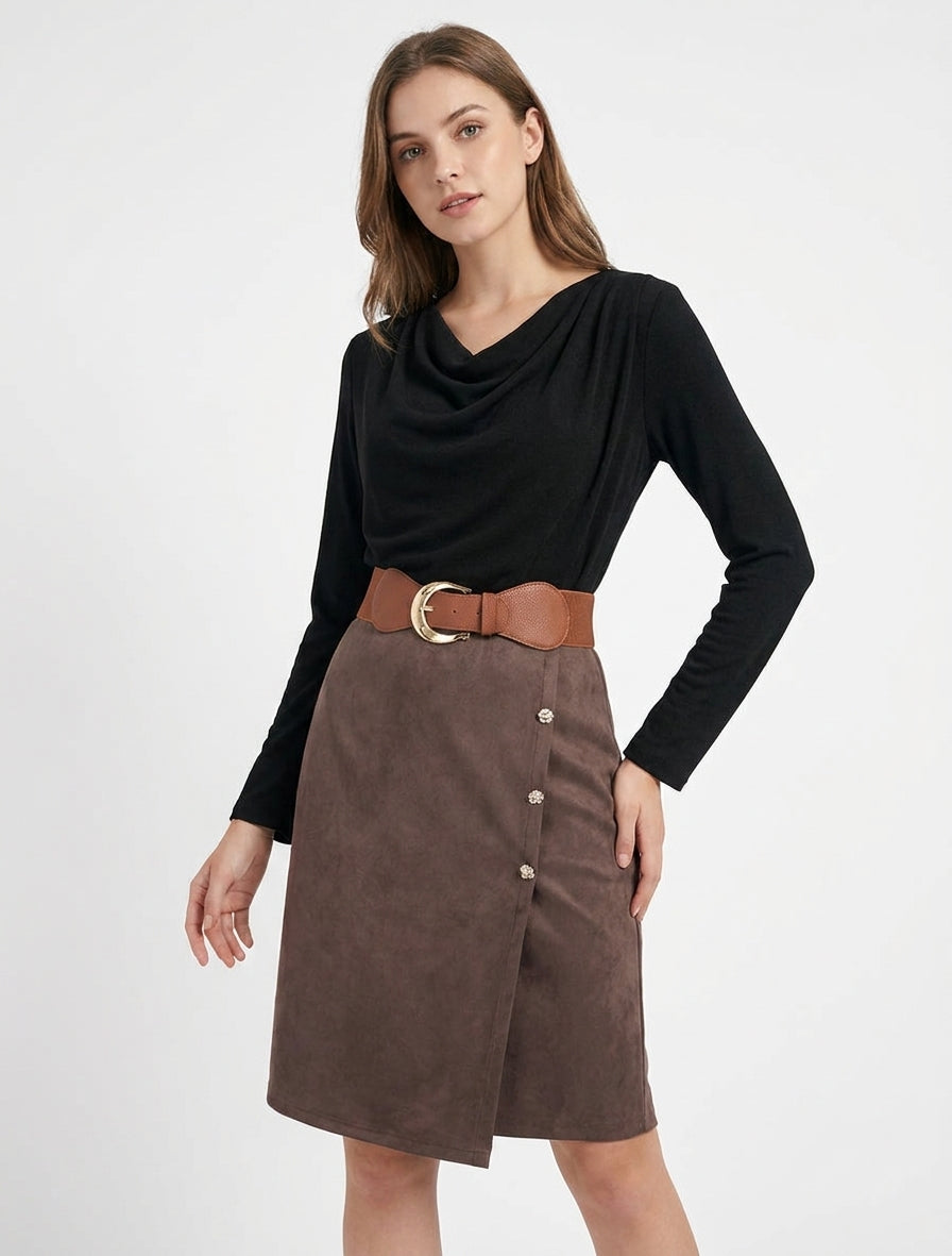 Robe bimatière droite style portefeuille - Noir
