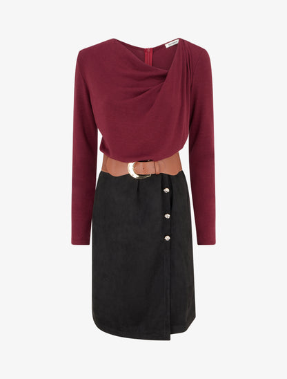 Robe bimatière droite style portefeuille - Lie de vin - 1
