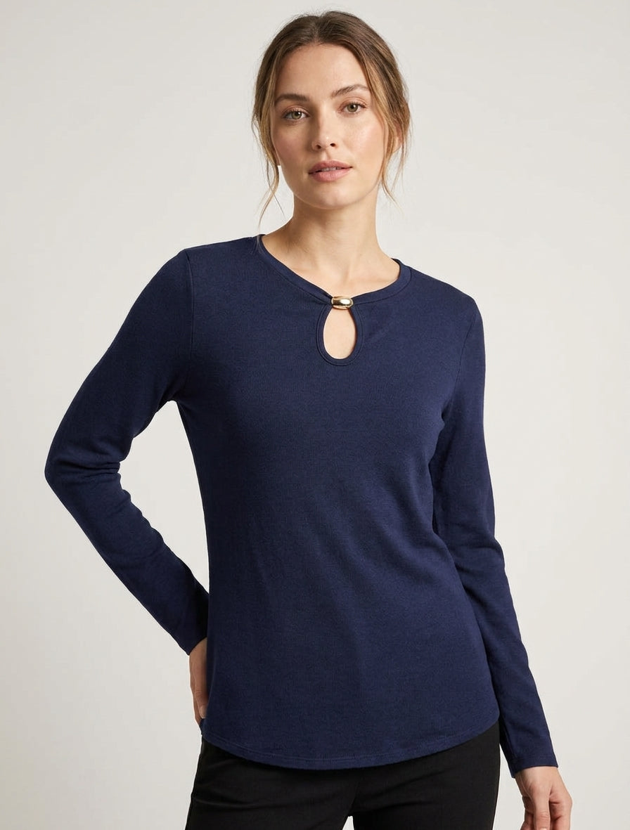 Pull droit à col rond avec ouverture goutte et bijou - Marine
