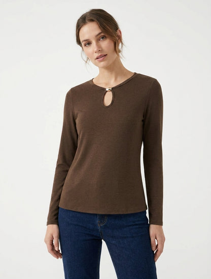 Pull droit à col rond avec ouverture goutte et bijou - Marron