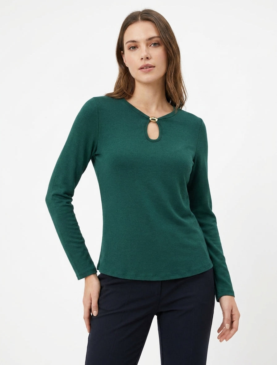 Pull droit à col rond avec ouverture goutte et bijou - Vert foncé
