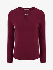 Pull droit à col rond avec ouverture goutte et bijou - Bordeaux - 1