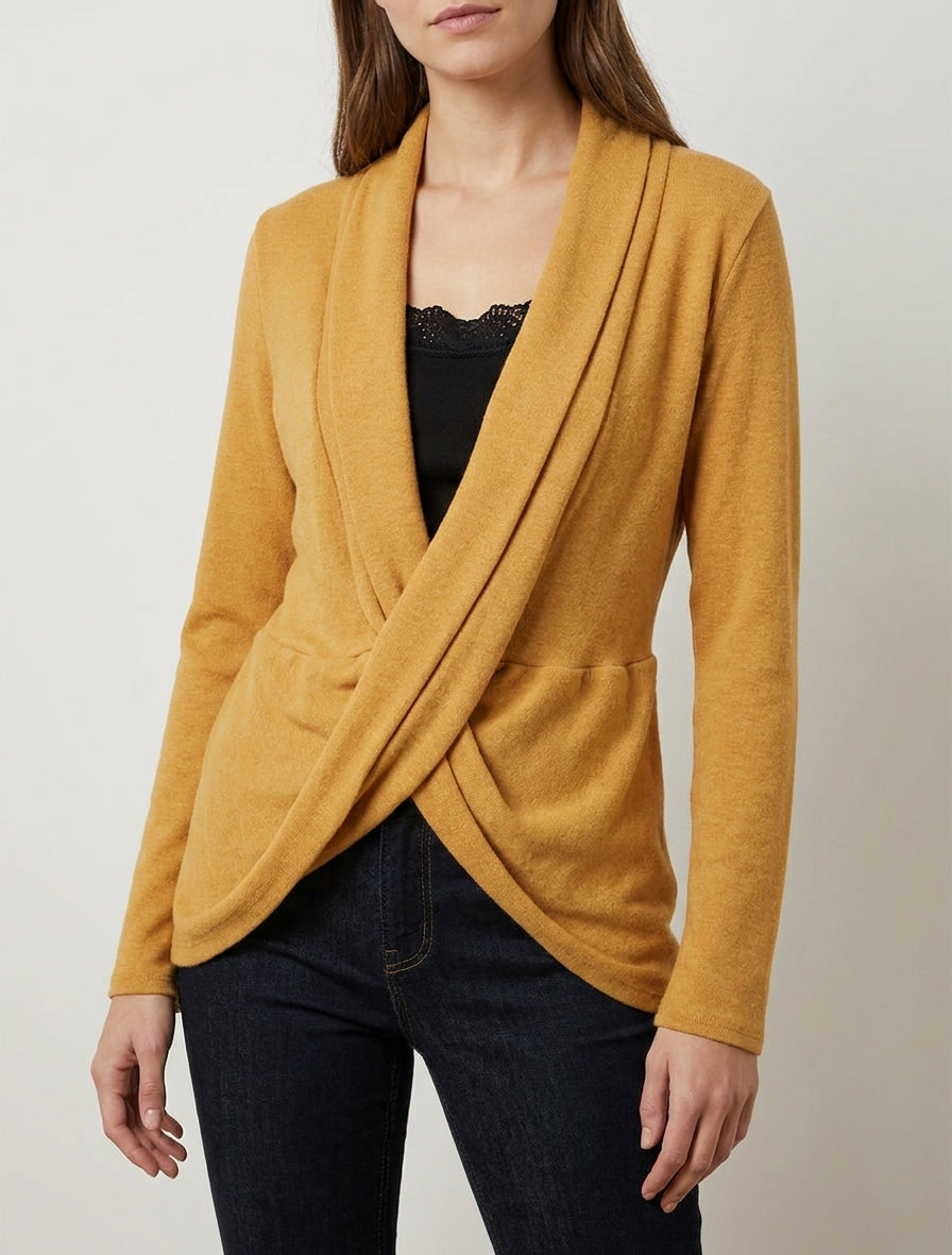 Pull style gilet effet torsader avec doublure à dentelle - Moutarde/noir