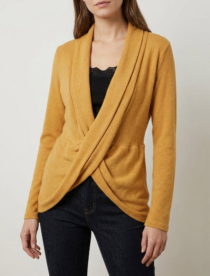 Pull style gilet effet torsader avec doublure à dentelle - Moutarde/noir