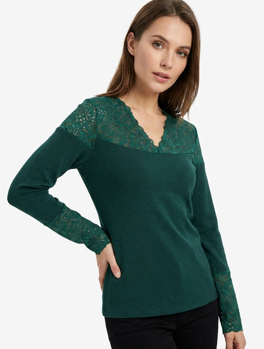 Pull fin à col V et poignets en dentelle - Vert foncé