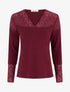 Pull fin à col V et poignets en dentelle - Lie de vin - 1