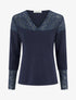 Pull fin à col V et poignets en dentelle - Marine - 1