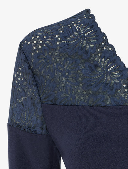 Pull fin à col V et poignets en dentelle - Marine - 3