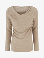 Pull duveteux à col bénitier à empiècement dentelle - Beige - 1