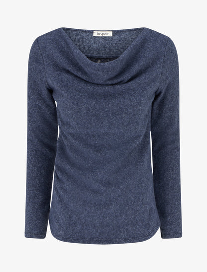 Pull duveteux à col bénitier à empiècement dentelle - Bleu - 1