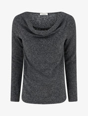 Pull duveteux à col bénitier à empiècement dentelle - Gris foncé - 1
