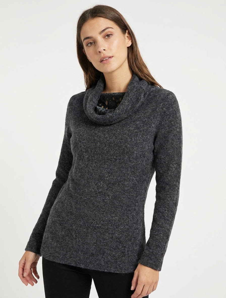Pull duveteux à col bénitier à empiècement dentelle - Gris foncé