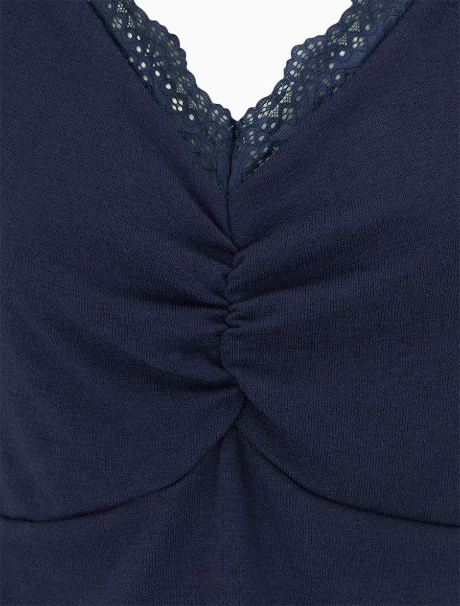 Pull fin à col V en dentelle - Marine - 3