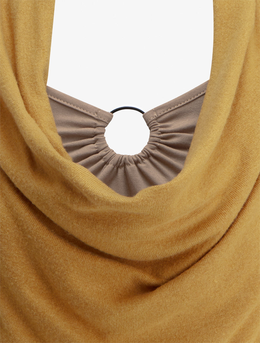 Pull droit effet doublé à col bénitier et bijou - Moutarde/beige - 3