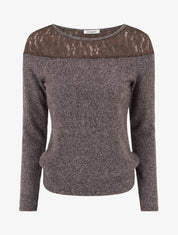 Pull duveteux droit à col rond et empiècement dentelle - Marron - 1